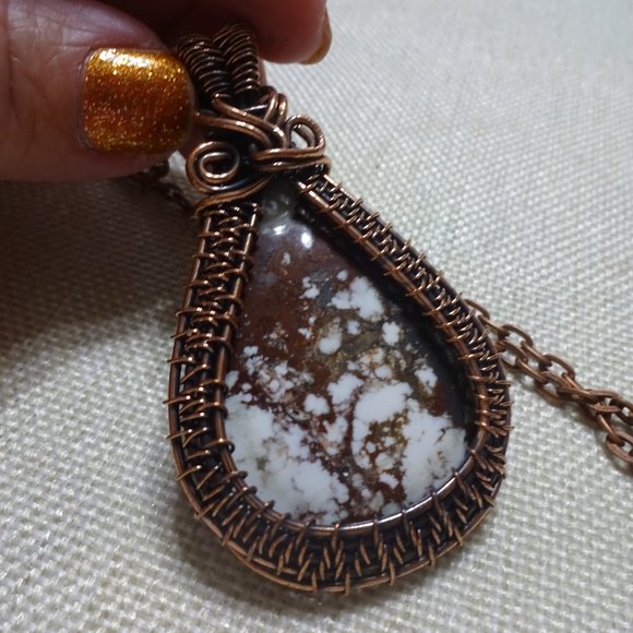 Rustic "WILD HORSE JASPER" Handmade COPPER WIRE-WRAPPED Pendant/Chain #736B - Picture 2 of 3